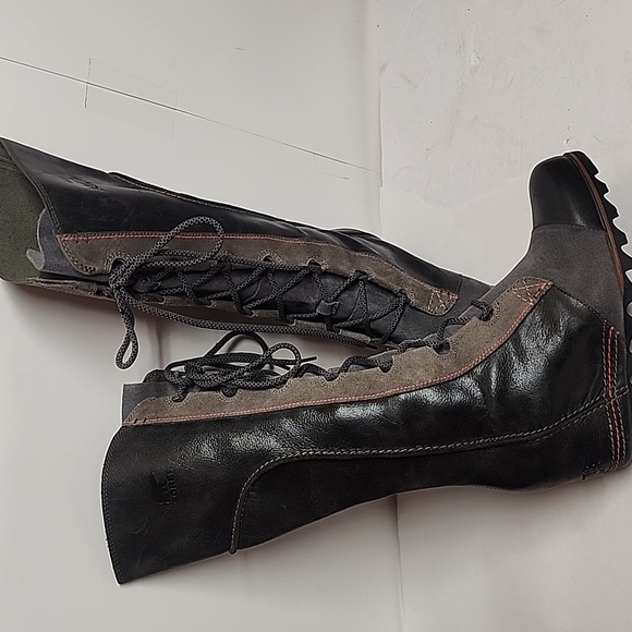Sorel Cate The Great Sz8.5 Black Gray Olive Lace-up Tall 3.5 Hidden Wedge Boots - Picture 3 of 12